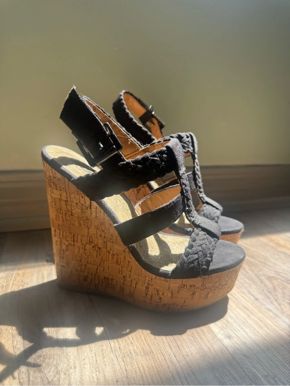 Black suede cork wedges